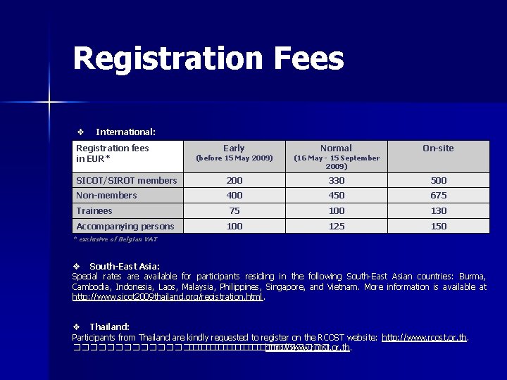 Registration Fees v International: Registration fees in EUR* (before 15 May 2009) (16 May