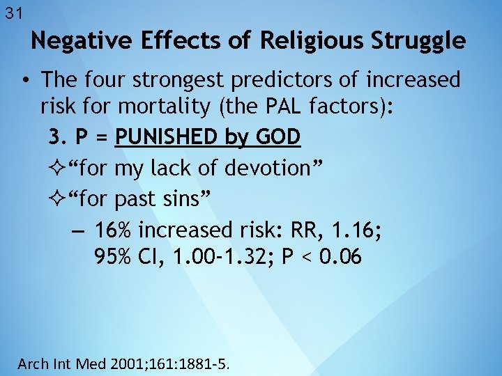 31 Negative Effects of Religious Struggle • The four strongest predictors of increased risk