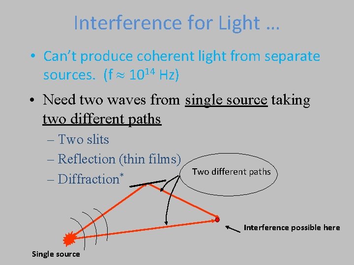 Interference for Light … • Can’t produce coherent light from separate sources. (f 1014