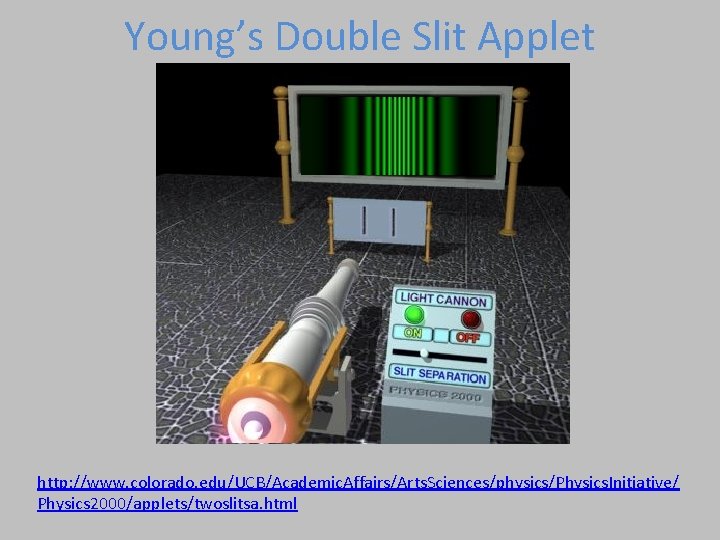 Young’s Double Slit Applet http: //www. colorado. edu/UCB/Academic. Affairs/Arts. Sciences/physics/Physics. Initiative/ Physics 2000/applets/twoslitsa. html