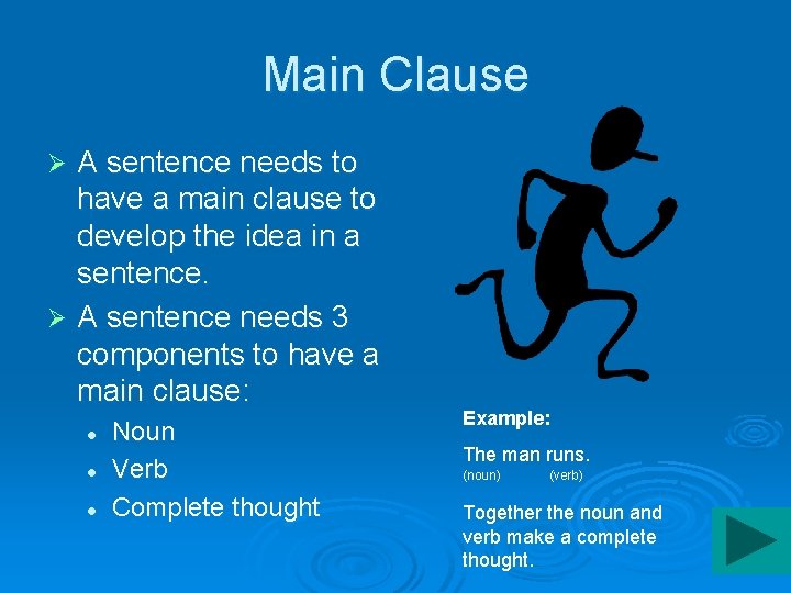 Main Clause A sentence needs to have a main clause to develop the idea