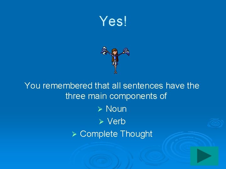 Yes! You remembered that all sentences have three main components of Ø Noun Ø