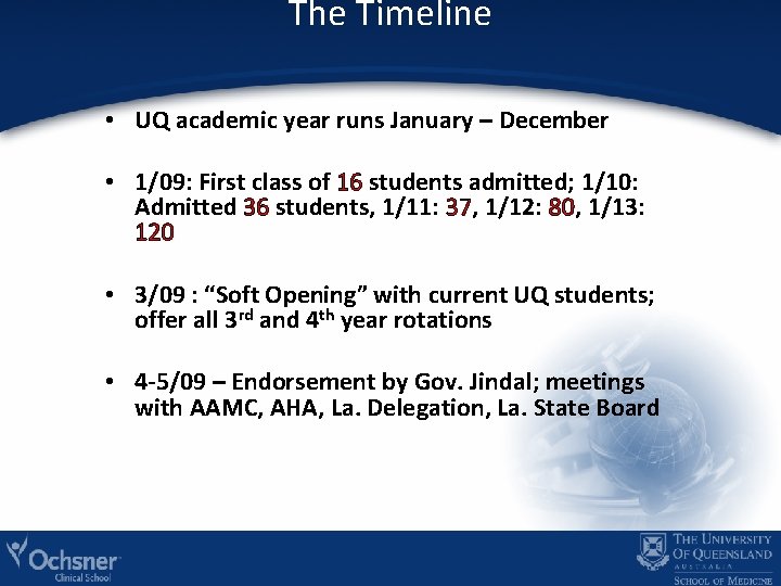 The Timeline • UQ academic year runs January – December • 1/09: First class