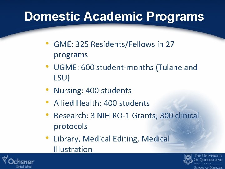 Domestic Academic Programs • GME: 325 Residents/Fellows in 27 • • • programs UGME: