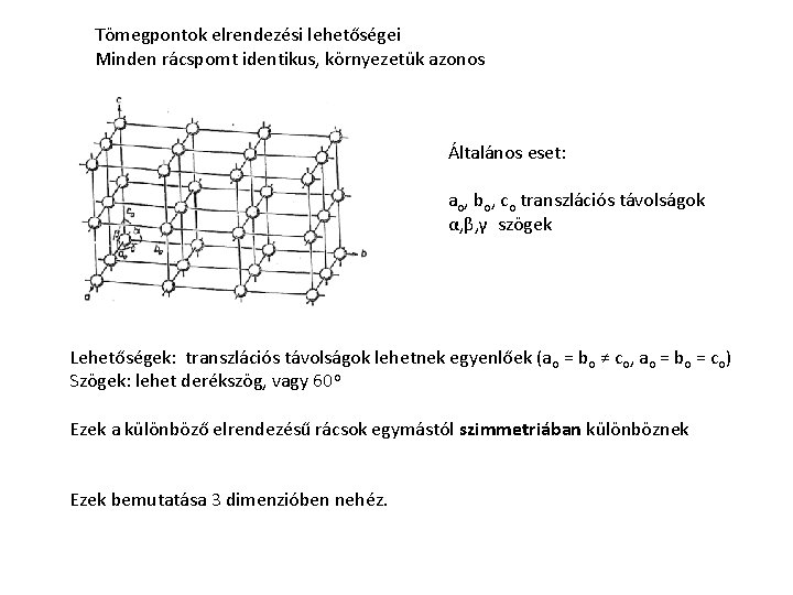 Tömegpontok elrendezési lehetőségei Minden rácspomt identikus, környezetük azonos Általános eset: ao, bo, co transzlációs Tömegpontok elrendezési lehetőségei Minden rácspomt identikus, környezetük azonos Általános eset: ao, bo, co transzlációs