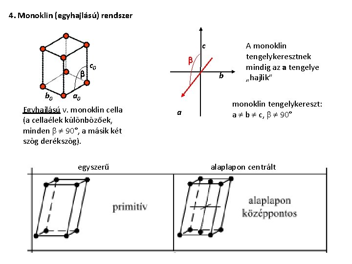 4. Monoklin (egyhajlású) rendszer c b b 0 b c 0 b a 0