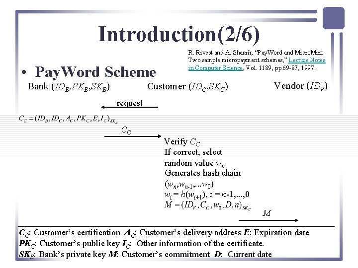 Introduction(2/6) • Pay. Word Scheme Bank (IDB, PKB, SKB) R. Rivest and A. Shamir,