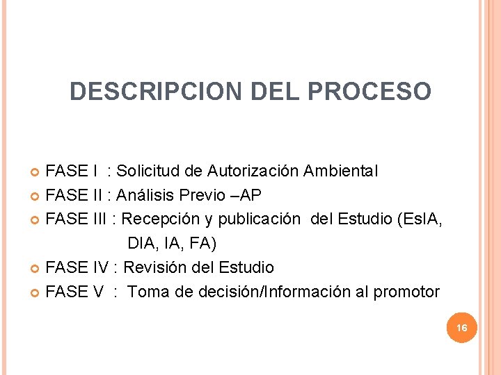 DESCRIPCION DEL PROCESO FASE I : Solicitud de Autorización Ambiental FASE II : Análisis