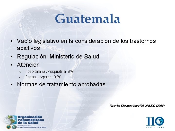 Guatemala • Vacío legislativo en la consideración de los trastornos adictivos • Regulación: Ministerio