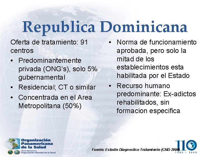 Republica Dominicana Oferta de tratamiento: 91 centros • Predominantemente privada (ONG’s), solo 5% gubernamental