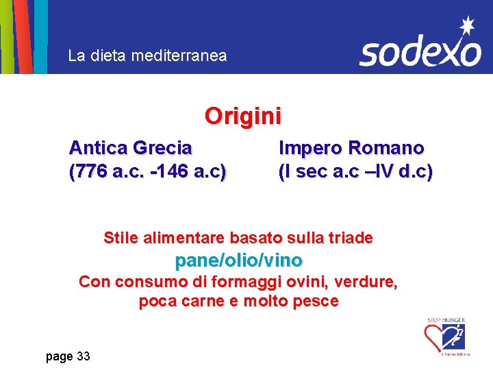 La dieta mediterranea Origini Antica Grecia (776 a. c. -146 a. c) Impero Romano