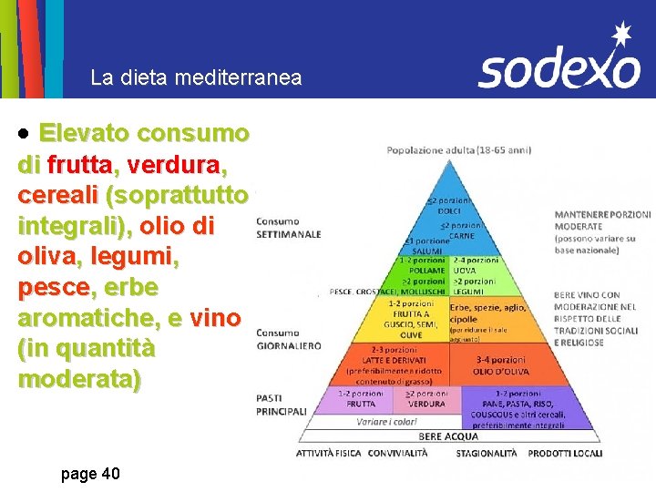 La dieta mediterranea Elevato consumo di frutta, verdura, cereali (soprattutto integrali), olio di oliva,