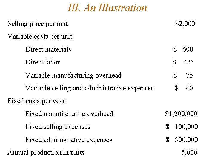 III. An Illustration Selling price per unit $2, 000 Variable costs per unit: Direct