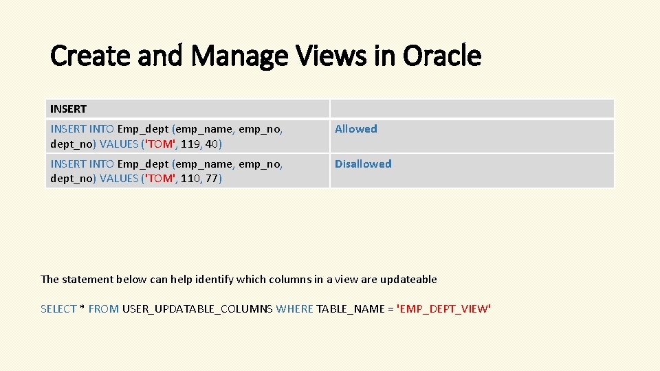 Create and Manage Views in Oracle INSERT INTO Emp_dept (emp_name, emp_no, dept_no) VALUES ('TOM',