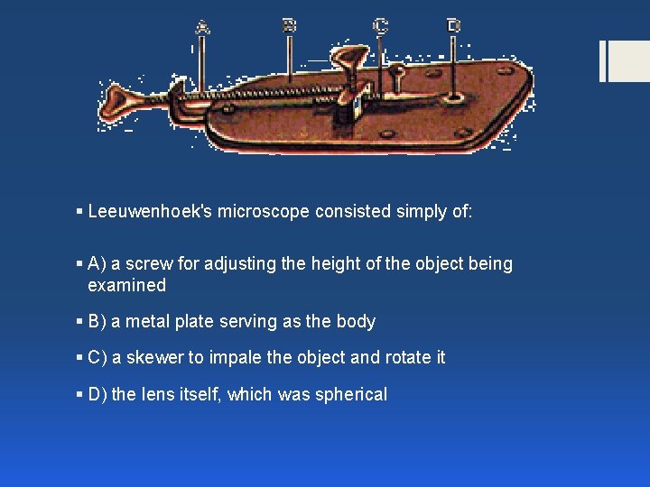 § Leeuwenhoek's microscope consisted simply of: § A) a screw for adjusting the height § Leeuwenhoek's microscope consisted simply of: § A) a screw for adjusting the height