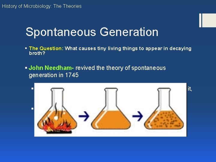History of Microbiology: Theories Spontaneous Generation § The Question: What causes tiny living things History of Microbiology: Theories Spontaneous Generation § The Question: What causes tiny living things