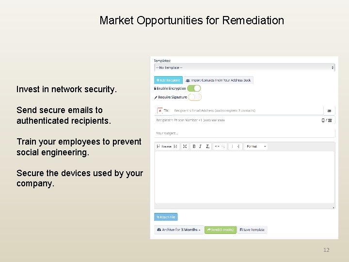 Market Opportunities for Remediation Invest in network security. Send secure emails to authenticated recipients.