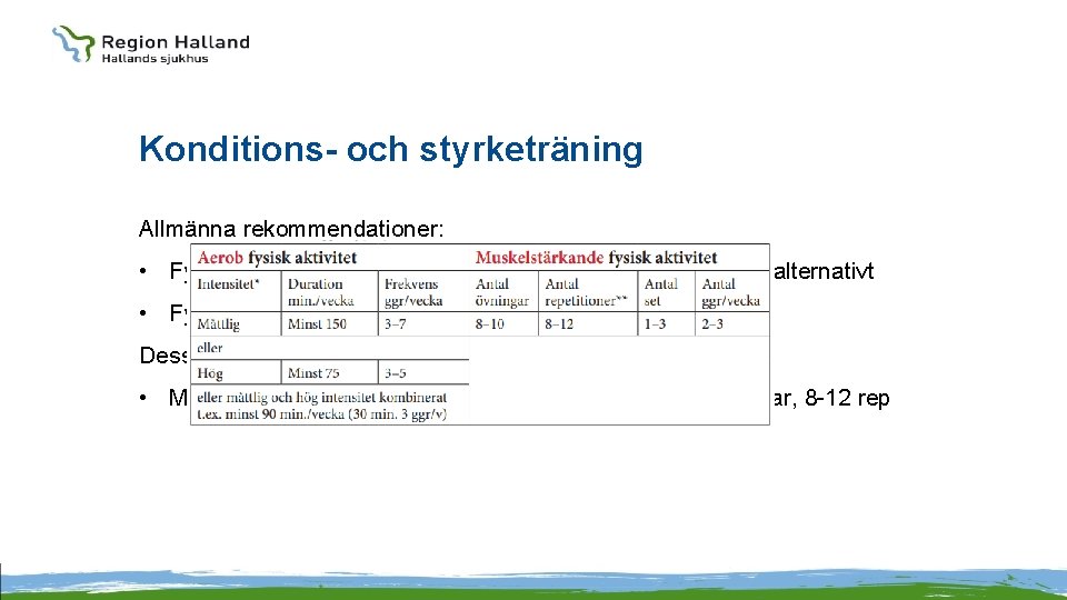 Konditions- och styrketräning Allmänna rekommendationer: • Fysisk aktivitet med måttlig intensitet minst 150 min/vecka