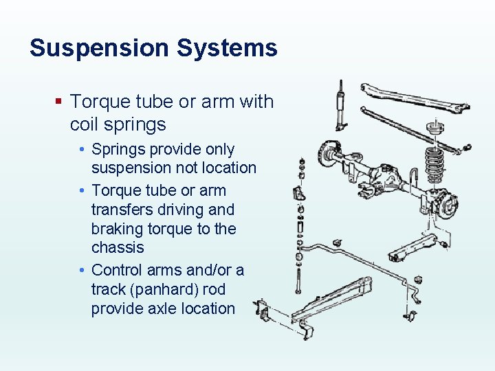Suspension Systems § Torque tube or arm with coil springs • Springs provide only