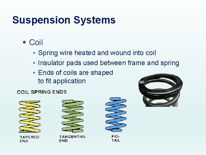 Suspension Systems § Coil • Spring wire heated and wound into coil • Insulator