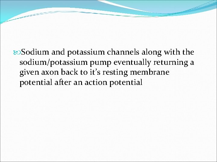  Sodium and potassium channels along with the sodium/potassium pump eventually returning a given