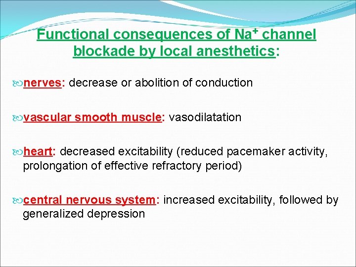 Functional consequences of Na+ channel blockade by local anesthetics: nerves: decrease or abolition of