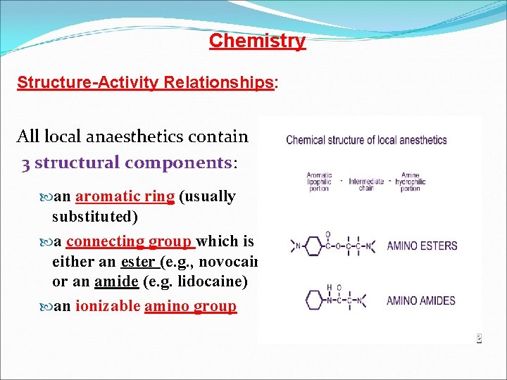  Chemistry Structure-Activity Relationships: All local anaesthetics contain 3 structural components: an aromatic ring