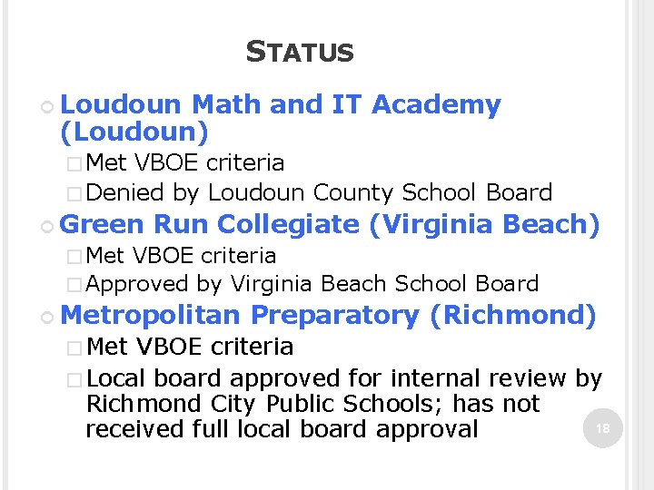 STATUS Loudoun Math and IT Academy (Loudoun) � Met VBOE criteria � Denied by