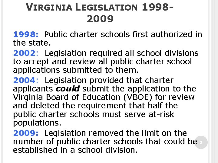 VIRGINIA LEGISLATION 19982009 1998: Public charter schools first authorized in the state. 2002: Legislation