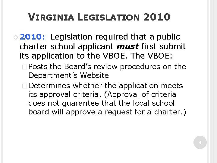 VIRGINIA LEGISLATION 2010: Legislation required that a public charter school applicant must first submit