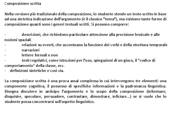 Composizione scritta Nella versione più tradizionale della composizione, lo studente stende un testo scritto