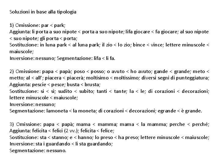Soluzioni in base alla tipologia 1) Omissione: par < park; Aggiunta: li porta a