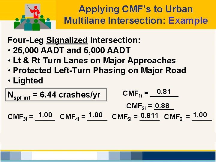 Applying CMF’s to Urban Multilane Intersection: Example Four-Leg Signalized Intersection: • 25, 000 AADT