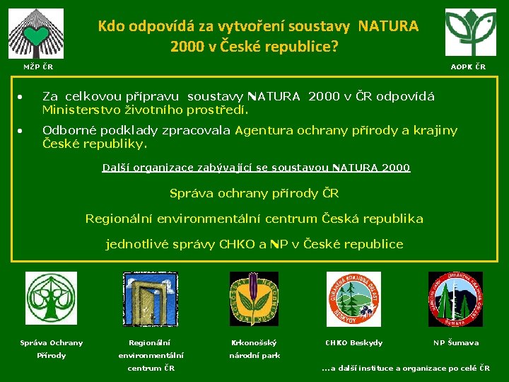 Kdo odpovídá za vytvoření soustavy NATURA 2000 v České republice? MŽP ČR MŽP AOPK