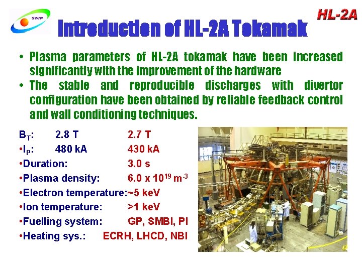 Introduction of HL-2 A Tokamak • Plasma parameters of HL-2 A tokamak have been