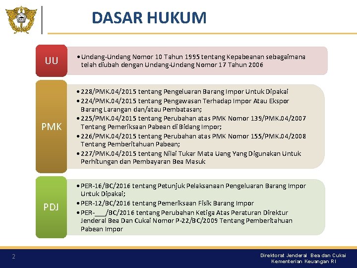 DASAR HUKUM 2 UU • Undang-Undang Nomor 10 Tahun 1995 tentang Kepabeanan sebagaimana telah DASAR HUKUM 2 UU • Undang-Undang Nomor 10 Tahun 1995 tentang Kepabeanan sebagaimana telah