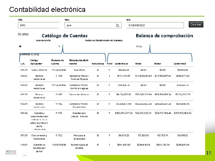 Contabilidad electrónica Catálogo de Cuentas Balanza de comprobación 15 