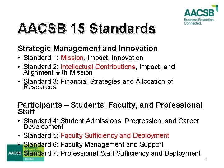 AACSB 15 Standards Strategic Management and Innovation • Standard 1: Mission, Impact, Innovation •