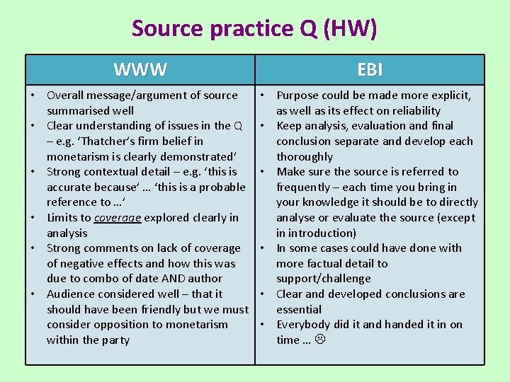 Source practice Q (HW) WWW EBI • Overall message/argument of source summarised well •