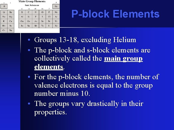 P-block Elements • Groups 13 -18, excluding Helium • The p-block and s-block elements