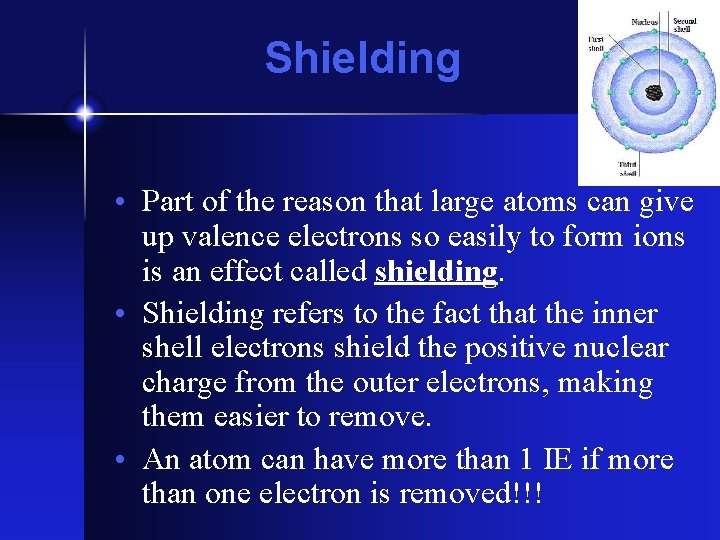 Shielding • Part of the reason that large atoms can give up valence electrons