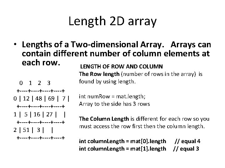 Length 2 D array • Lengths of a Two-dimensional Arrays can contain different number