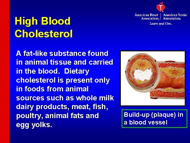 High Blood Cholesterol A fat-like substance found in animal tissue and carried in the