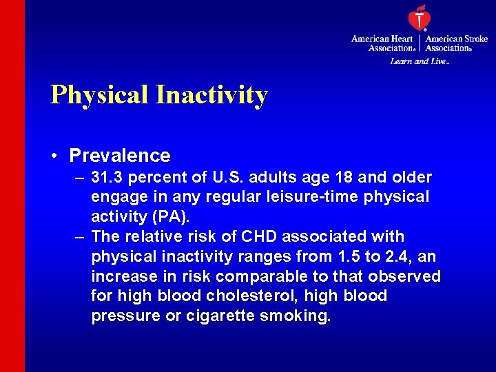 Physical Inactivity • Prevalence – 31. 3 percent of U. S. adults age 18