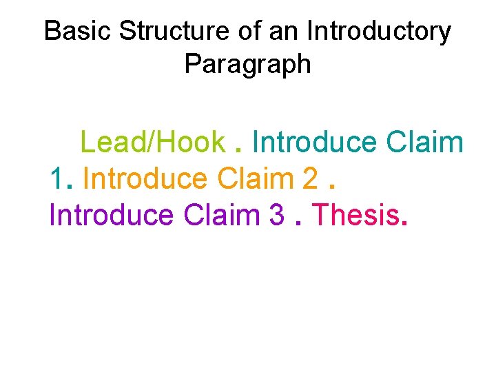 Basic Structure of an Introductory Paragraph Lead/Hook. Introduce Claim 1. Introduce Claim 2. Introduce