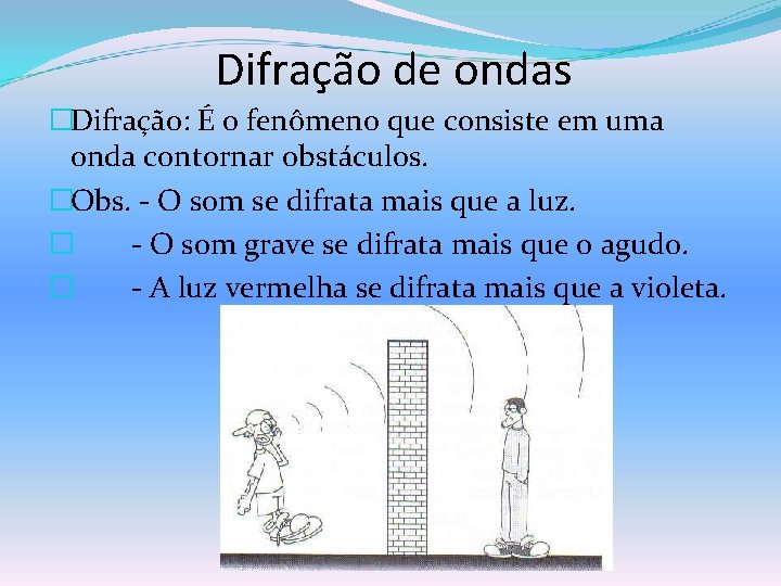 Difração de ondas �Difração: É o fenômeno que consiste em uma onda contornar obstáculos.