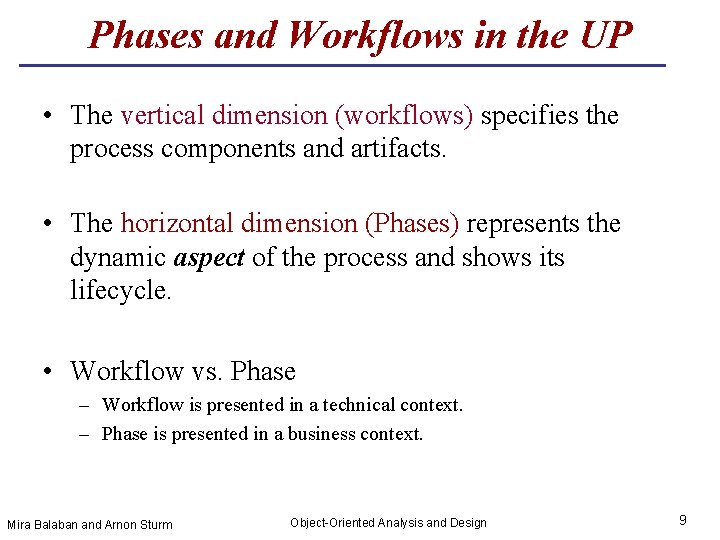 Phases and Workflows in the UP • The vertical dimension (workflows) specifies the process