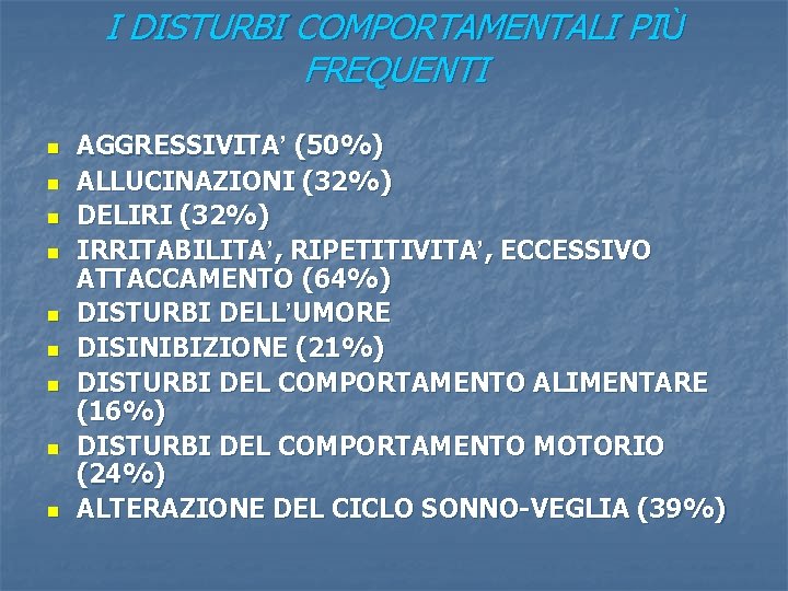 I DISTURBI COMPORTAMENTALI PIÙ FREQUENTI n n n n n AGGRESSIVITA’ (50%) ALLUCINAZIONI (32%)