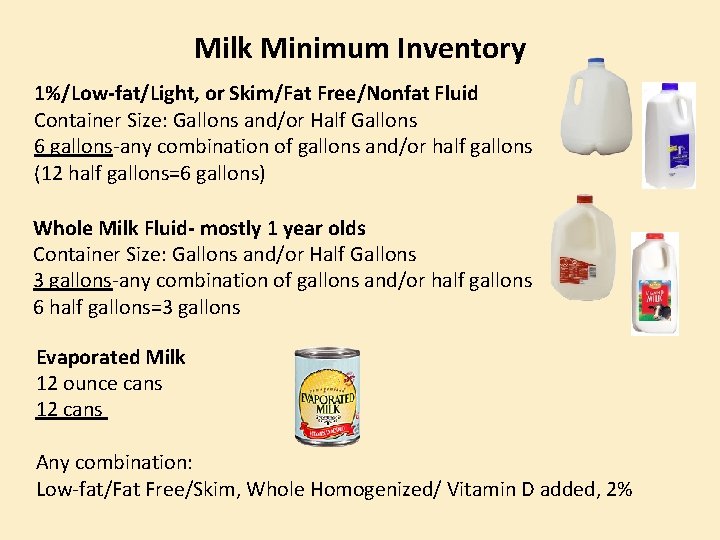 Milk Minimum Inventory 1%/Low-fat/Light, or Skim/Fat Free/Nonfat Fluid Container Size: Gallons and/or Half Gallons