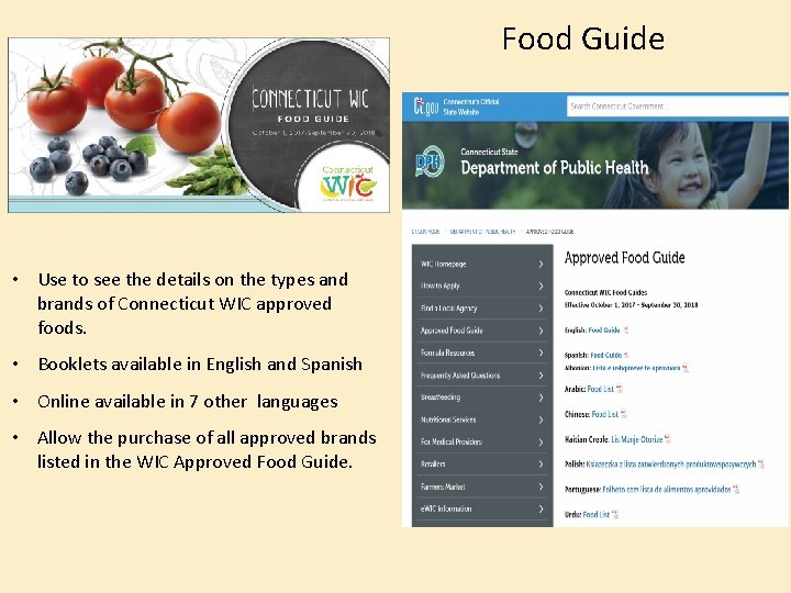 Food Guide • Use to see the details on the types and brands of